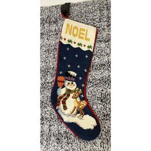 Vintage Noel Snowman Rudolph Needlepoint Christmas‎ Holiday Stocking Lined